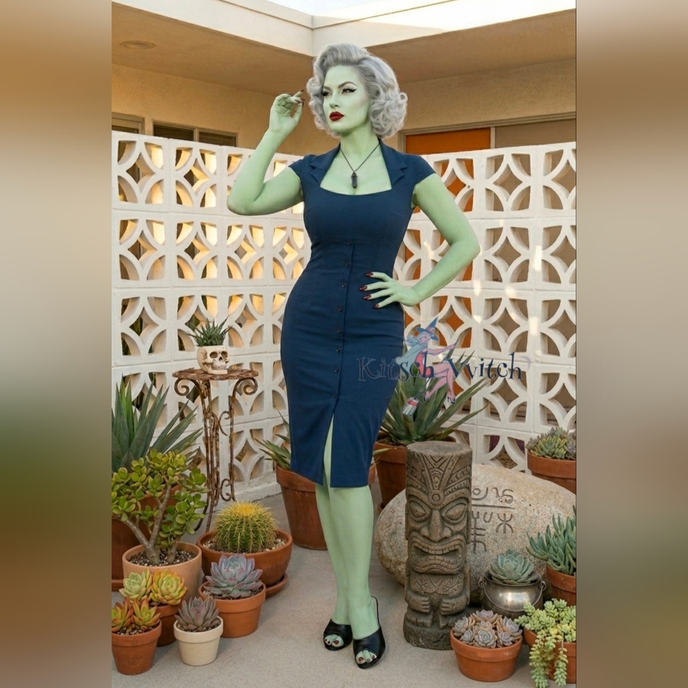 ✨️Modern Vintage "Lexy" Navy Wiggle Dress By Glamour Bunny UK - M (8-10) EUC